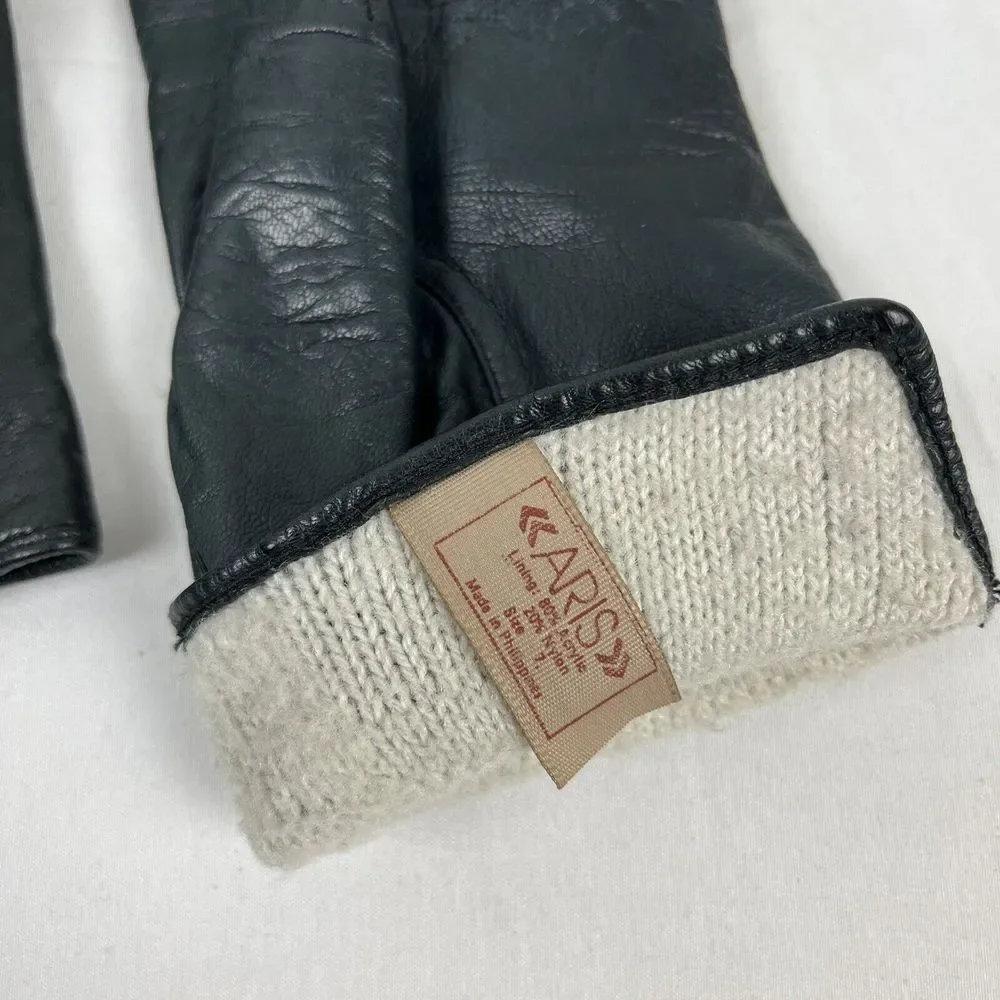Vintage ARIS Womens Navy Blue Leather Acrylic Nylon Lined Gloves Size 7‎